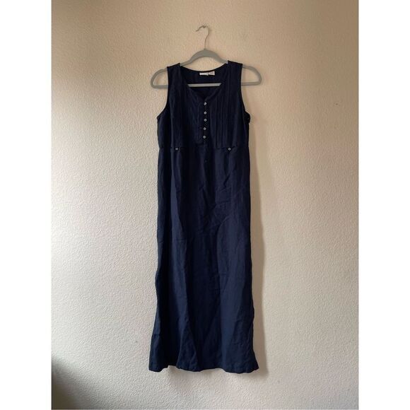 Vintage 90s‎ linen blend navy midi dress size medium - Picture 1 of 8